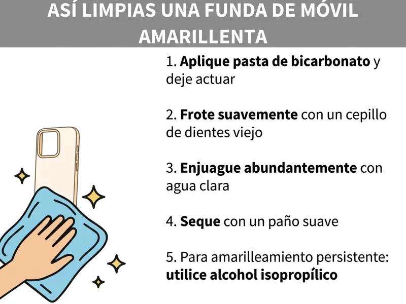 Infografía: cómo limpiar una funda de móvil amarillenta. La lista incluye cinco pasos: 1. Aplicar pasta de bicarbonato y dejar actuar. 2. Frotar suavemente con un cepillo de dientes viejo. 3. Aclarar a fondo con agua limpia. 4. Secar con un paño suave. 5. En caso de amarilleamiento persistente: usar isopropanol. A la izquierda de la imagen se ve una ilustración de una mano que limpia una funda amarillenta con un paño azul.