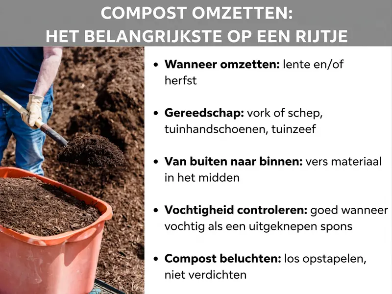 Infographic over het omscheppen van compost met de vijf belangrijkste stappen: timing, gereedschap, methode, vochtcontrole en beluchting.