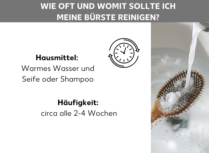 Infografik: Wie oft und womit sollte ich meine Bürste reinigen? Eine Haarbürste unter einem laufenden Wasserhahn, daneben folgende Punkte: Hausmittel: Warmes Wasser und Seife oder Shampoo; Häufigkeit: circa alle 2-4 Wochen.