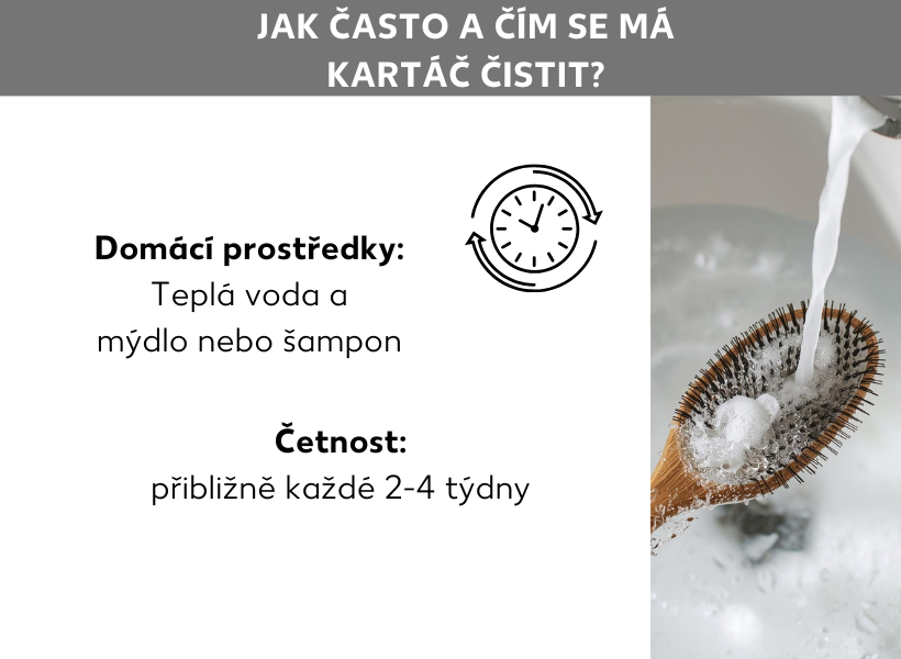 Informační grafika: Jak často čistit kartáč na vlasy a co k tomu použít? Kartáč na vlasy pod tekoucí vodou z kohoutku, vedle něj jsou následující body: Domácí prostředky: Teplá voda s mýdlem nebo šamponem; Četnost: přibližně každé 2–4 týdny.