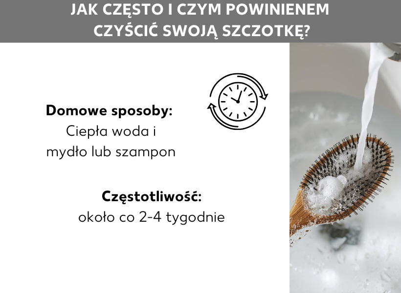 Infografika: Jak często i czym należy czyścić szczotkę? Szczotkę do włosów należy umyć pod bieżącą wodą, a następnie wykonać następujące czynności: Domowe sposoby: Ciepła woda i mydło lub szampon; częstotliwość: około co 2-4 tygodnie..
