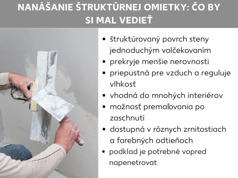 Infografika: Nanášanie valčekovej omietky – čo by ste mali vedieť. Vľavo na obrázku je ruka nanášajúca omietku na stenu hladidlom. Vpravo je sedem bodov: 1. štruktúrovaný povrch steny jednoduchým valčekovaním, 2. prekrýva drobné nerovnosti, 3. paropriepustná a reguluje vlhkosť, 4. vhodná do väčšiny interiérov, 5. po zaschnutí sa dá premaľovať, 6. dostupná v mnohých zrnitostiach a farebných odtieňoch, 7. podklad je potrebné vopred napenetrovať.