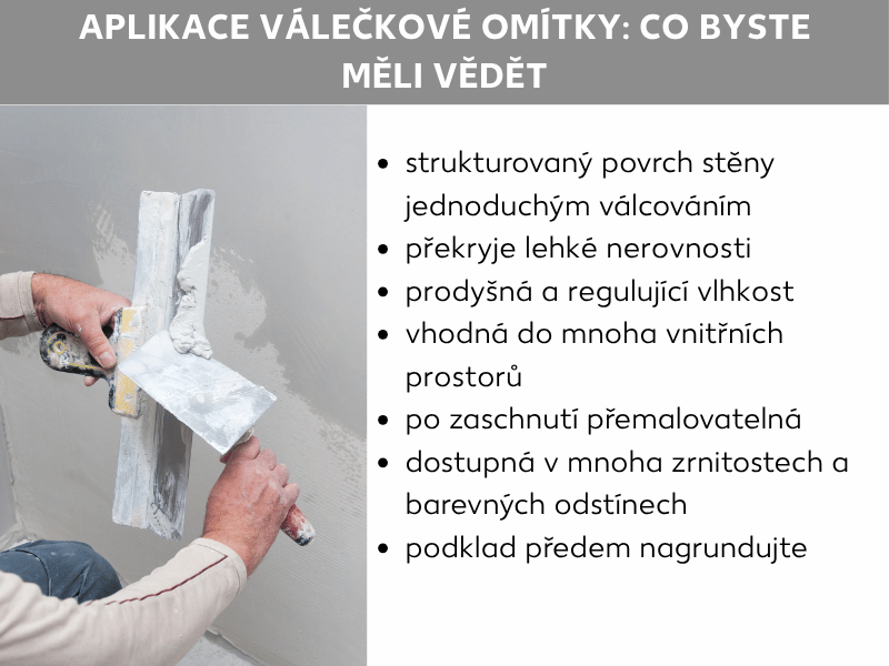 Infografika: Aplikace válečkové omítky – co byste měli vědět. Grafika vlevo zobrazuje ruku nanášející omítku na stěnu hladítkem. Vpravo je sedm bodů: 1. strukturovaný povrch stěny jednoduchým válečkováním, 2. překryje drobné nerovnosti, 3. prodyšná a reguluje vlhkost, 4. vhodná do většiny interiérů, 5. po zaschnutí ji lze přetřít, 6. dostupná v mnoha zrnitostech a odstínech, 7. podklad je nutné předem napenetrovat.