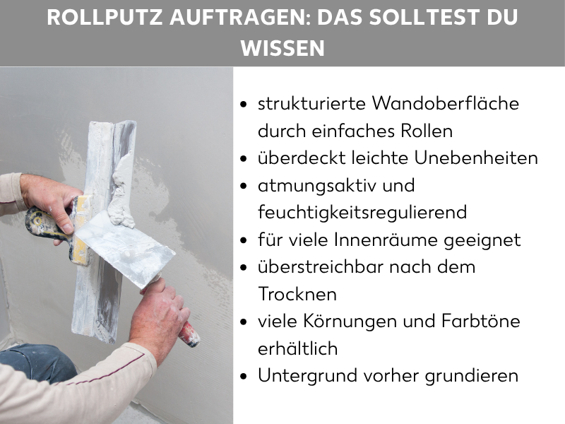 Infografik: Rollputz auftragen: das solltest du wissen. Die Grafik zeigt links eine Hand, die mit einer Glättekelle Putz an eine Wand aufträgt. Rechts sind sieben Aufzählungspunkte zu sehen: 1. strukturierte Wandoberfläche durch einfaches Rollen, 2. überdeckt leichte Unebenheiten, 3. atmungsaktiv und feuchtigkeitsregulierend, 4. für viele Innenräume geeignet, 5. überstreichbar nach dem Trocknen, 6. viele Körnungen und Farbtöne erhältlich, 7. Untergrund vorher grundieren.