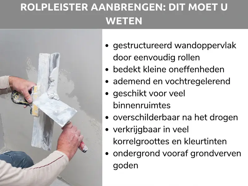 Infographic: Structuurverf aanbrengen: dit moet je weten. De afbeelding toont links een hand die met een pleisterspaan pleister op een muur aanbrengt. Rechts zijn zeven opsommingspunten te zien: 1. gestructureerd wandoppervlak door eenvoudig rollen, 2. bedekt lichte oneffenheden, 3. ademend en vochtregulierend, 4. geschikt voor veel binnenruimtes, 5. overschilderbaar na het drogen, 6. veel korrelgroottes en kleurtinten verkrijgbaar, 7. ondergrond vooraf gronden.