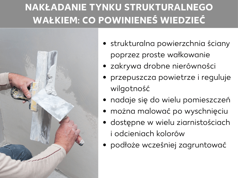 Infografika: nakładanie tynku wałkowanego – co warto wiedzieć. Grafika przedstawia po lewej stronie dłoń nakładającą tynk na ścianę za pomocą pacy. Po prawej siedem punktów: 1. strukturalna powierzchnia ściany dzięki prostemu wałkowaniu, 2. maskuje drobne nierówności, 3. oddychający i regulujący wilgotność, 4. nadaje się do większości pomieszczeń, 5. po wyschnięciu można go pomalować, 6. dostępny w wielu granulacjach i odcieniach, 7. podłoże należy wcześniej zagruntować.
