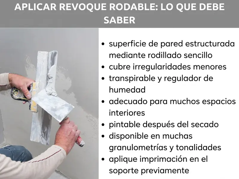 Infografía: aplicar estuco a rodillo: lo que debes saber. La imagen muestra a la izquierda una mano aplicando estuco en una pared con una llana. A la derecha aparecen siete puntos enumerados: 1. superficie texturizada con un simple rodillo, 2. cubre pequeñas irregularidades, 3. transpirable y regulador de la humedad, 4. apto para muchos espacios interiores, 5. se puede pintar encima una vez seco, 6. disponible en distintos granos y tonalidades, 7. aplicar imprimación previamente en la superficie.