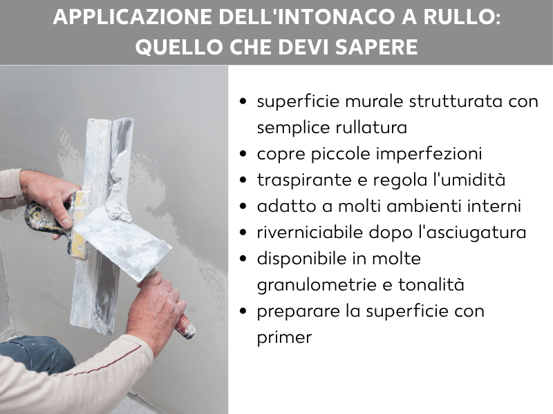 Infografica: come applicare intonaco a rullo – tutto quello che devi sapere. La grafica mostra a sinistra una mano che applica l'intonaco sulla parete con una spatola. A destra sono elencati sette punti: 1. superficie strutturata con una semplice rullatura, 2. copre piccole irregolarità, 3. traspirante e regolatore di umidità, 4. adatto a molti ambienti interni, 5. verniciabile dopo l'asciugatura, 6. disponibile in diverse granulometrie e tonalità, 7. applicare prima il primer sul fondo.