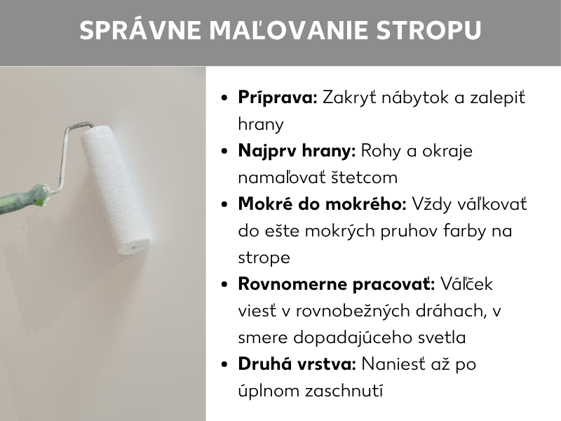 Infografika s názvom „Správne maľovanie stropu": vľavo fotografia ruky s maľovacím valčekom na bielom strope. Vpravo päť tipov: 1. Príprava – zakryť nábytok a zalepiť hrany. 2. Najskôr hrany – rohy a okraje natrieť štetcom. 3. Mokré do mokrého – vždy maľovať do ešte vlhkých pruhov. 4. Rovnomerne pracovať – valčekovať v rovnobežných pásoch v smere dopadajúceho svetla. 5. Druhá vrstva – naniesť až po úplnom zaschnutí.