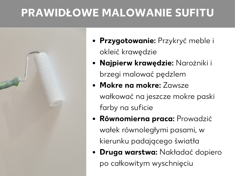 Infografika zatytułowana „Jak prawidłowo malować sufit": po lewej zdjęcie dłoni z wałkiem malarskim na białym suficie. Po prawej pięć wskazówek: 1. Przygotowanie – zabezpiecz meble i oklej krawędzie. 2. Najpierw krawędzie – narożniki i brzegi pomaluj pędzlem. 3. Mokro na mokro – zawsze nakładaj farbę na jeszcze wilgotne pasy. 4. Równomierne ruchy – prowadź wałek równoległymi pasami w kierunku padającego światła. 5. Druga warstwa – nakładaj dopiero po całkowitym wyschnięciu pierwszej.