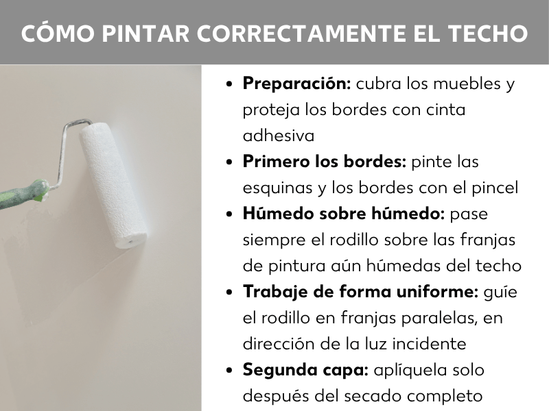 Infografía con el título «Pintar techo correctamente»: a la izquierda, una foto de una mano con un rodillo de pintura sobre un techo blanco. A la derecha, cinco consejos: 1. Preparación: cubrir los muebles y proteger los bordes con cinta. 2. Bordes primero: pintar esquinas y contornos con brocha. 3. Húmedo sobre húmedo: pasar siempre el rodillo sobre la pintura aún fresca. 4. Trabajar de forma uniforme: guiar el rodillo en pasadas paralelas en dirección a la luz natural. 5. Segunda capa: aplicar solo cuando la primera esté completamente seca.