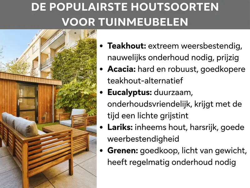 Infographic: De populairste houtsoorten voor tuinmeubelen. Links een foto van een terras met houten meubelen en weelderig groen. Rechts een lijst met vijf punten: 1. Teak: extreem weerbestendig, nauwelijks onderhoud nodig, prijzig. 2. Acacia: hard en robuust, voordeliger alternatief voor teak. 3. Eucalyptus: duurzaam, onderhoudsarm, lichte grijstint na verloop van tijd. 4. Lariks: inheems hout, harsrijk, goede weersbestendigheid. 5. Grenen: voordelig, licht, vraagt regelmatig onderhoud.