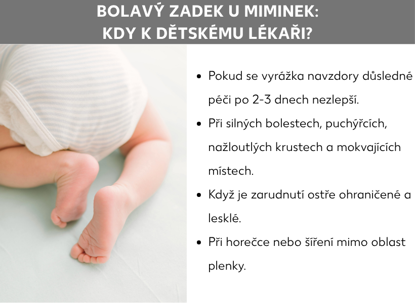 Informační grafika: Plenková dermatitida u miminek: Kdy zajít k dětskému lékaři? Výčet: Když se vyrážka navzdory důsledné péči ani po 2–3 dnech nelepší. Pokud se objeví silné bolesti, puchýřky, nažloutlé krusty a mokvající místa. Pokud je zarudnutí ostře ohraničené a lesklé. Při horečce nebo pokud se vyrážka šíří i mimo oblast plenky.