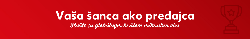 Červený banner s nápisom „Tvoja šanca ako obchodník“ a sloganom „V okamihu sa staň globálnym hráčom“, vpravo vedľa neho ikona víťazného pohára.