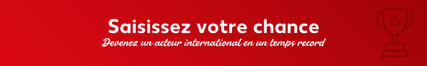 Bannière rouge avec l'inscription « Votre chance en tant que revendeur » et le slogan « Devenez un acteur mondial en un clin d'œil », à droite une icône représentant une coupe de vainqueur.