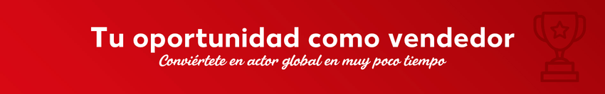 Banner rojo con el texto «Tu oportunidad como comerciante» y el eslogan «Conviértete en un actor global en un abrir y cerrar de ojos»; a la derecha, junto a él, un icono de una copa de campeón.