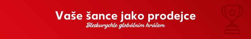 Červený banner s nápisem „Vaše šance jako obchodník“ a sloganem „Staňte se globálním hráčem v mžiku“, vpravo vedle něj ikona vítězného poháru.