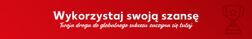 Czerwony baner z napisem „Twoja szansa jako sprzedawca” i sloganem „W mgnieniu oka staniesz się globalnym graczem”, po prawej stronie ikona pucharu zwycięzcy.