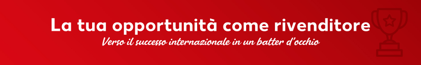 Banner rosso con la scritta “La tua opportunità come rivenditore” e lo slogan “Diventa un attore globale in un batter d'occhio”, affiancato a destra dall'icona di una coppa.