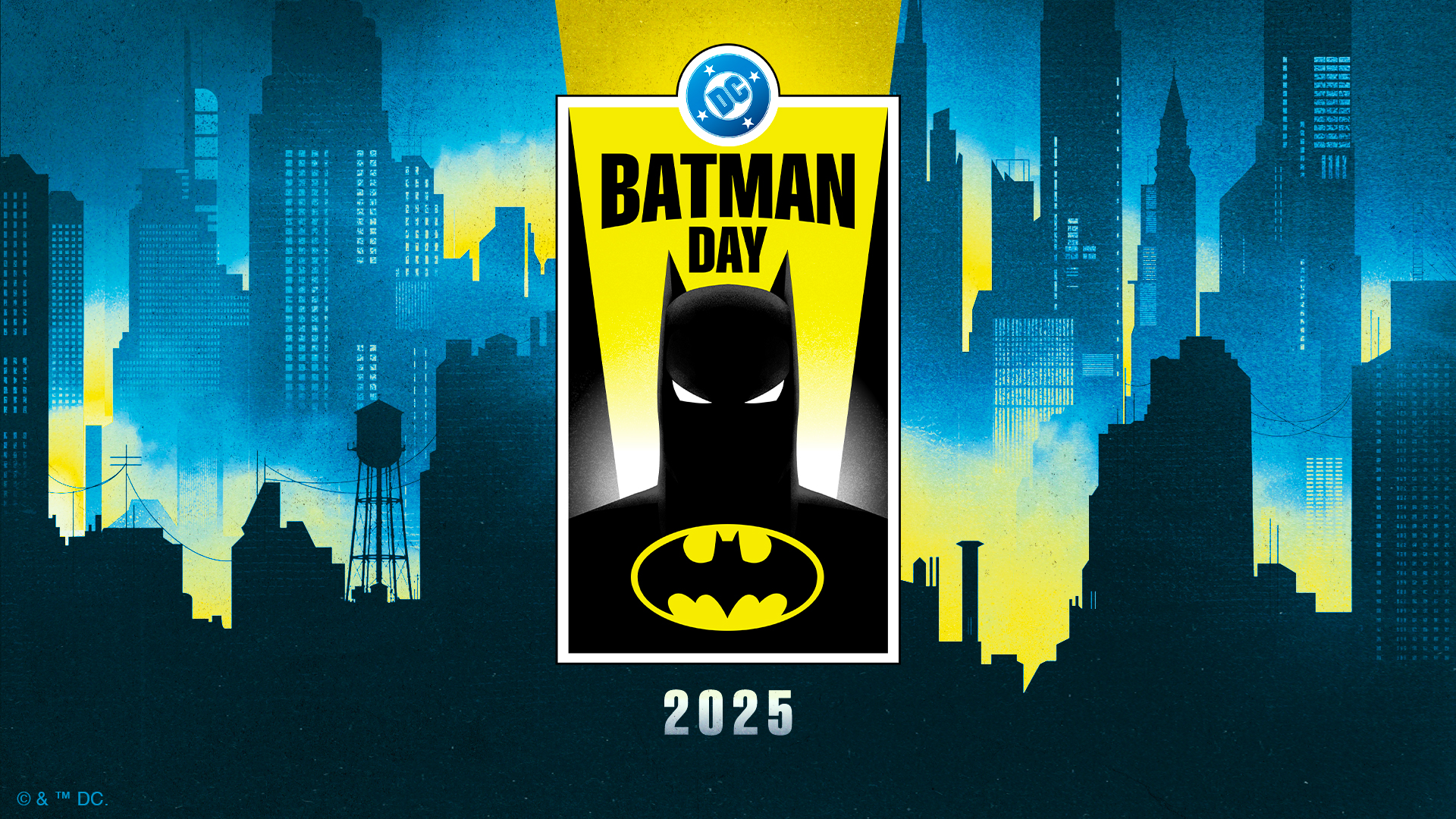 Reklama: Batman Day 2025. Na obrázku je silueta Batmana na pozadí nočního Gothamu.