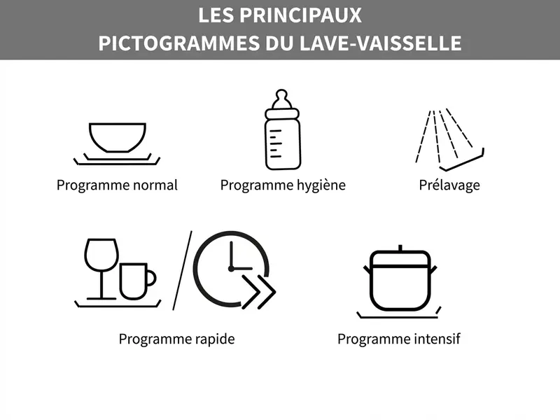 Infographie des pictogrammes d'un lave-vaisselle