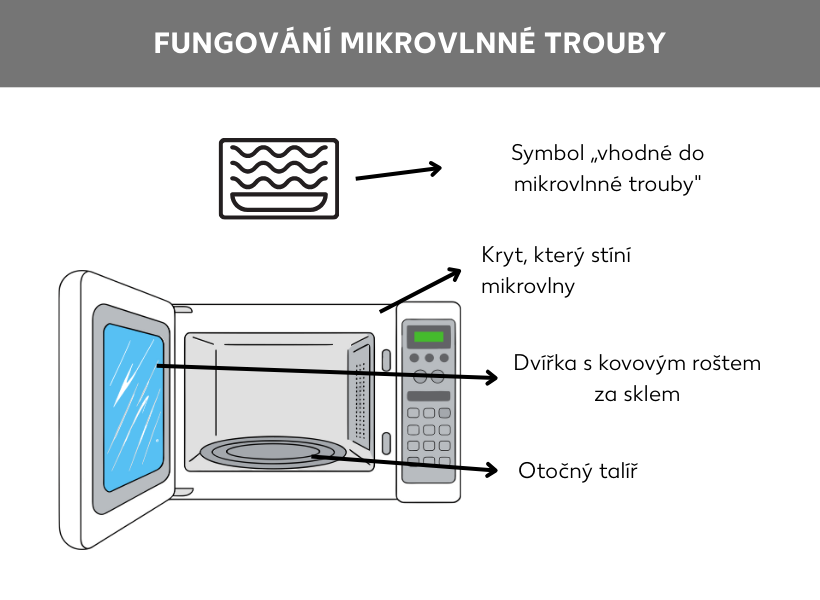 Grafika o fungování mikrovlnky. Napravo je symbol, který se dá najít na nádobí, jež je vhodné do mikrovlnné trouby (tři vlnky nad sebou na talířku v rámečku). Pod ním je grafika otevřené mikrovlnky s otočným talířem. Kryt mikrovlnky i sklo na dvířkách opatřené kovovou mřížkou fungují jako clona proti mikrovlnám.