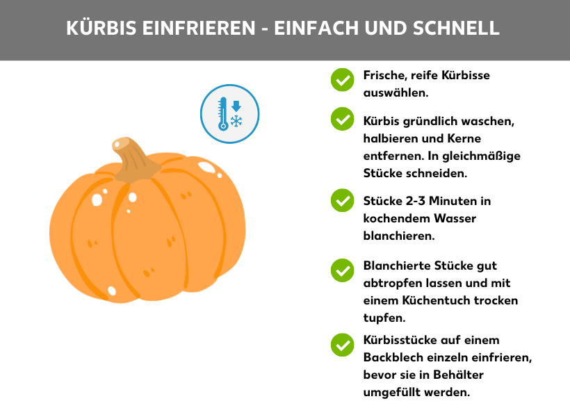 Infografik: Kürbis einfrieren - einfach und schnell: Auf der Grafik ist ein Kürbis zu sehen, daneben ein Thermostat, was Kälte anzeigt. Daneben sind fünf Tipps zum Enfrieren von Kürbis: Frische, reife Kürbisse auswählen; Kürbis gründlich waschen, halbieren und Kerne entfernen. In gleichmäßige Stücke schneiden; Stücke 2-3 Minuten in kochendem Wasser blanchieren; Blanchierte Stücke gut abtropfen lassen und mit einem Küchentuch trocken tupfen; Kürbisstücke auf einem Backblech einzeln einfrieren, bevor sie in Behälter umgefüllt werden.