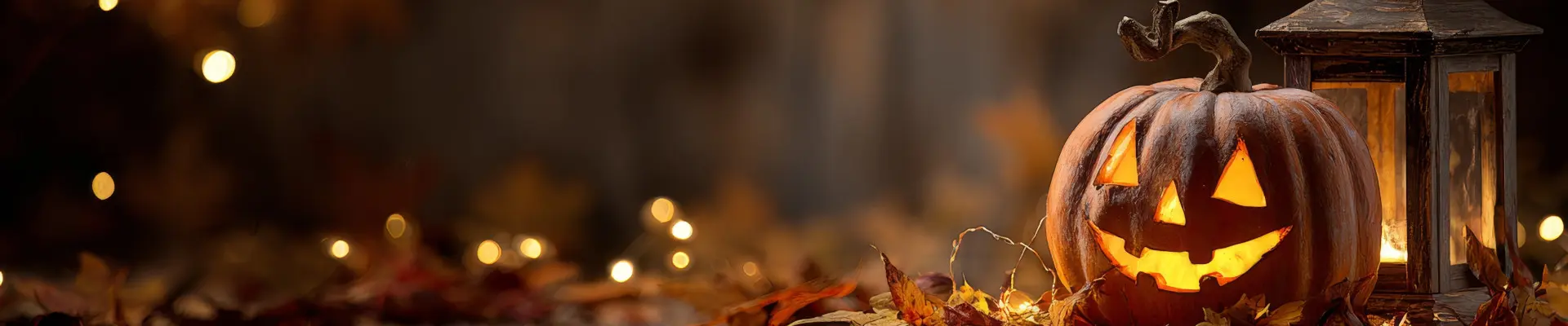 Schmuckbild: Halloween-Deko: beleuchteter Kürbis und Teelichthalter mit Herbstlaub.
