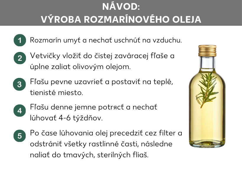 Infografika: Návod: domáca výroba rozmarínového oleja. Rozmarín umyte a nechajte vyschnúť na vzduchu. Vetvičky vložte do čistého zaváracieho pohára a úplne ich zalejte olivovým olejom. Pohár pevne uzatvorte a odložte ho na teplé tienisté miesto. Každý deň pohár jemne pretrepte a nechajte rozmarín lúhovať 4 až 6 týždňov. Po vylúhovaní olej preceďte cez filter a odstráňte z neho všetky zvyšky bylinky. Potom ho nalejte do sterilných fliaš z tmavého skla.