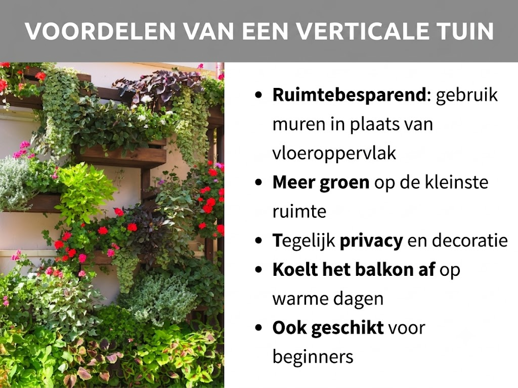 Infographic: Voordelen van een verticale tuin. Links een foto met weelderig beplante houten rekken aan een huismuur – met rode bloemen, groene kruiden en hangplanten in verschillende tinten. Rechts vijf punten: 1. Ruimtebesparend: muren in plaats van vloer benutten. 2. Meer groen op minimale ruimte. 3. Privacyscherm en decoratie tegelijk. 4. Koelt het balkon op warme dagen. 5. Ook geschikt voor beginners.
