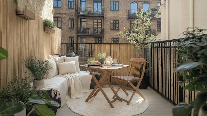 Schmuckbild: Ein Balkon mit Holz-Bodenbelag, einem weißen runden Teppich, Holzmöbeln, Pflanzen und dekoriert mit Kissen und Decken.