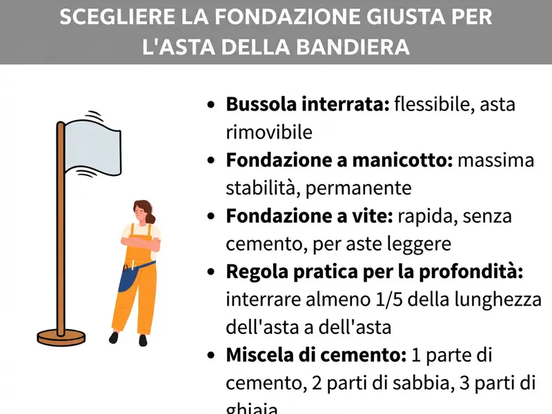 Infografica: Come scegliere la fondazione giusta per il palo bandiera. L'elenco illustra cinque punti: 1. Boccola da interramento: flessibile, palo estraibile. 2. Fondazione a bicchiere: massima stabilità, permanente. 3. Fondazione a vite: rapida, senza calcestruzzo, per pali leggeri. 4. Regola pratica per la profondità: interrare almeno 1/5 della lunghezza del palo. 5. Miscela di calcestruzzo: 1 parte di cemento, 2 di sabbia, 3 di ghiaia.