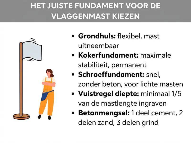 Infographic: De juiste fundering voor de vlaggenmast kiezen. De lijst toont vijf punten: 1. Grondhuls: flexibel, mast uitneembaar. 2. Sokkelfundament: maximale stabiliteit, permanent. 3. Schroeffundament: snel, zonder beton, voor lichte masten. 4. Vuistregel diepte: minimaal 1/5 van de mastlengte ingraven. 5. Betonmengsel: 1 deel cement, 2 delen zand, 3 delen grind.