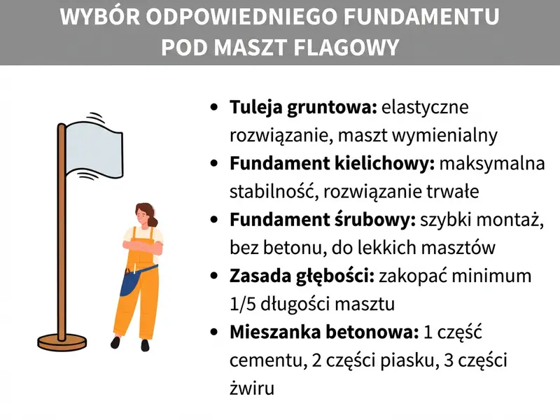 Infografika: Wybór odpowiedniego fundamentu pod maszt flagowy. Lista przedstawia pięć punktów: 1. Tuleja gruntowa: elastyczne rozwiązanie, maszt łatwy do wyjęcia. 2. Fundament kieszeniowy: maksymalna stabilność, montaż trwały. 3. Fundament wkręcany: szybki montaż bez betonu, do lekkich masztów. 4. Zasada głębokości: minimum 1/5 długości masztu. 5. Mieszanka betonowa: 1 część cementu, 2 części piasku, 3 części żwiru.