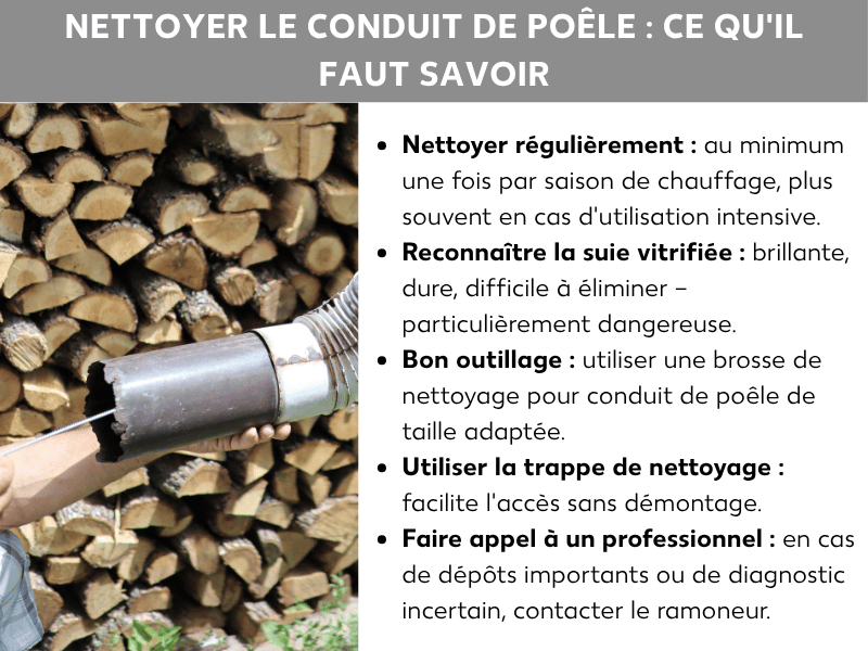Infographie récapitulant les 5 points clés du nettoyage d'un conduit de cheminée : fréquence, repérage du bistre, choix de la brosse, utilisation de la trappe et recours à un professionnel. À côté, une main gantée tient un conduit de poêle couvert de suie.