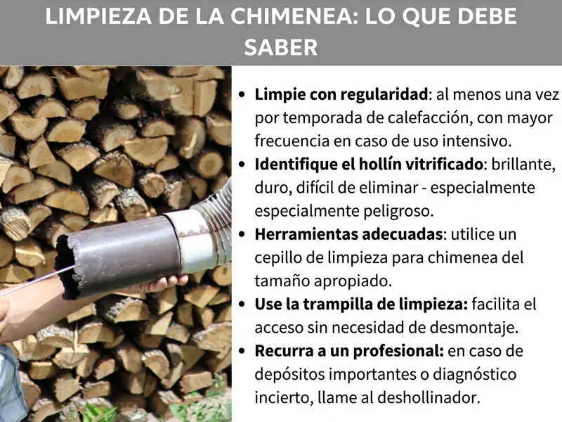 Infografía: Cómo limpiar el conducto de humos: lo que debes saber. La lista incluye cinco puntos: 1. Limpiar con regularidad: al menos una vez por temporada de calefacción; con uso intensivo, más a menudo. 2. Identificar el hollín vitrificado: brillante, duro, difícil de eliminar — especialmente peligroso. 3. Herramienta adecuada: utilizar un cepillo de limpieza para conductos del tamaño apropiado. 4. Usar la trampilla de limpieza: facilita el acceso sin necesidad de desmontar. 5. Recurrir a un profesional: ante depósitos importantes o un diagnóstico incierto, llamar al deshollinador. Junto al texto se ve una fotografía de una mano sujetando un conducto de humos manchado de hollín, con un montón de leña al fondo.
