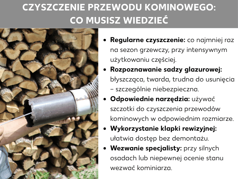 Infografika: czyszczenie rury kominowej – co musisz wiedzieć. Lista obejmuje pięć punktów: 1. Regularnie czyść – co najmniej raz na sezon grzewczy, przy intensywnym użytkowaniu częściej. 2. Rozpoznaj sadzę szklistą – lśniąca, twarda, trudna do usunięcia, szczególnie niebezpieczna. 3. Odpowiednie narzędzia – szczotka do czyszczenia rur w pasującym rozmiarze. 4. Korzystaj z klapki rewizyjnej – ułatwia dostęp bez demontażu rury. 5. Wezwij fachowca – przy dużych osadach lub wątpliwościach zadzwoń do kominiarza. Obok widać zdjęcie dłoni trzymającej rurę pokrytą sadzą, w tle stos drewna opałowego.