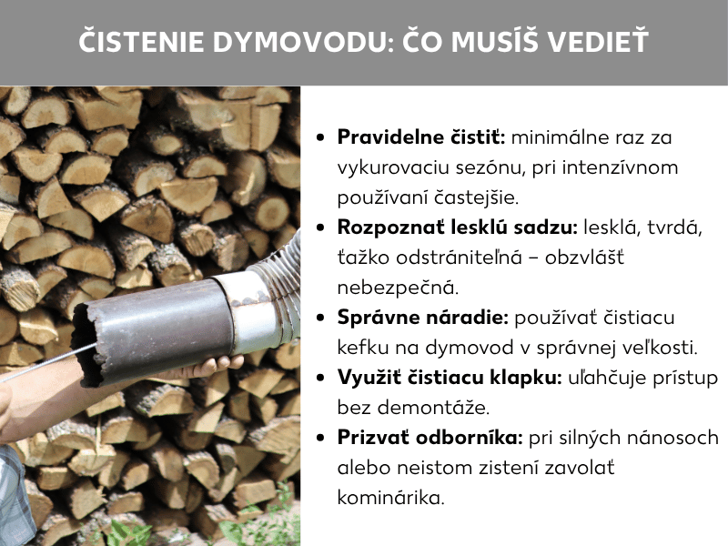 Infografika: Čistenie dymovodu – čo potrebujete vedieť. Zoznam obsahuje päť bodov: 1. Pravidelné čistenie: minimálne raz za vykurovaciu sezónu, pri intenzívnom používaní častejšie. 2. Rozpoznanie sklovitých sadzí: lesklé, tvrdé, ťažko odstrániteľné – obzvlášť nebezpečné. 3. Správne náradie: čistiaca kefa na dymovod v správnej veľkosti. 4. Čistiaci otvor: uľahčuje prístup bez demontáže. 5. Privolanie odborníka: pri silných usadeninách alebo nejasnom stave zavolajte kominára. Vedľa je fotografia ruky držiacej dymovod znečistený sadzami, v pozadí kopa palivového dreva.