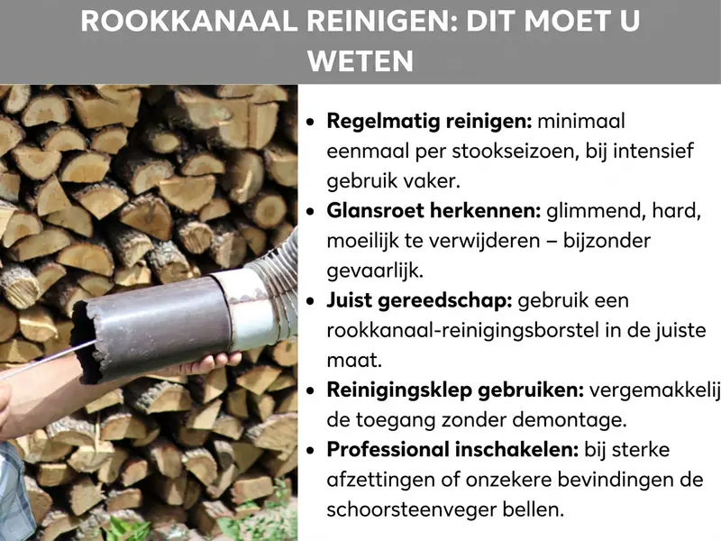 Infographic: Kachelpijp reinigen: dit moet je weten. De lijst bevat vijf punten: 1. Regelmatig reinigen: minstens één keer per stookseizoen, bij intensief gebruik vaker. 2. Glansroet herkennen: glanzend, hard, moeilijk te verwijderen – bijzonder gevaarlijk. 3. Het juiste gereedschap: reinigingsborstel voor kachelpijpen in de juiste maat gebruiken. 4. Reinigingsluik gebruiken: maakt toegang mogelijk zonder demontage. 5. Specialist inschakelen: bij zware aanslag of twijfel een schoorsteenveger bellen. Daarnaast is een foto te zien van een hand die een met roet vervuilde kachelpijp vasthoudt, met op de achtergrond een stapel brandhout.