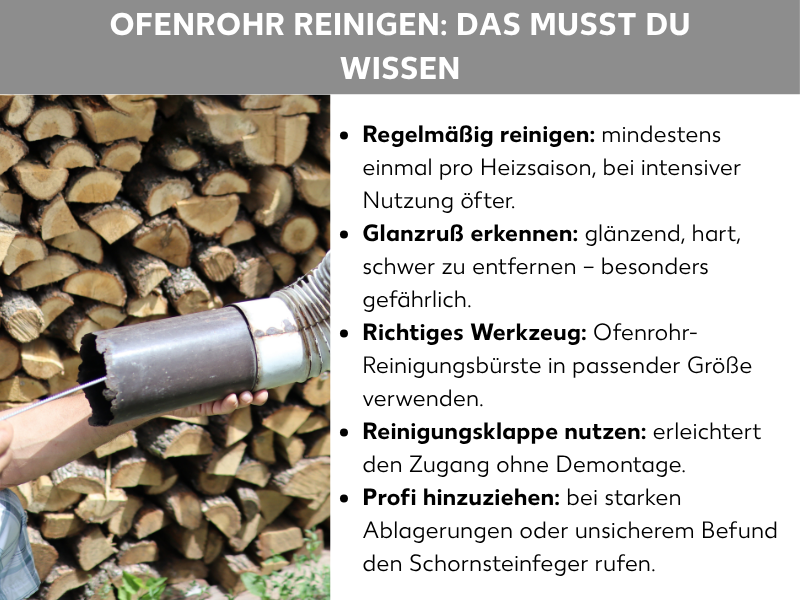 Infografik: Ofenrohr reinigen: das musst du wissen. Die Liste umfasst fünf Punkte: 1. Regelmäßig reinigen: mindestens einmal pro Heizsaison, bei intensiver Nutzung öfter. 2. Glanzruß erkennen: glänzend, hart, schwer zu entfernen – besonders gefährlich. 3. Richtiges Werkzeug: Ofenrohr-Reinigungsbürste in passender Größe verwenden. 4. Reinigungsklappe nutzen: erleichtert den Zugang ohne Demontage. 5. Profi hinzuziehen: bei starken Ablagerungen oder unsicherem Befund den Schornsteinfeger rufen. Daneben ist ein Foto zu sehen, das eine Hand zeigt, die ein rußverschmutztes Ofenrohr hält, im Hintergrund ein Stapel Brennholz.