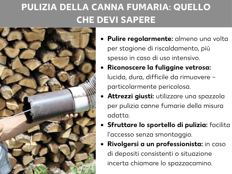Infografica: come pulire il tubo della stufa – tutto quello che devi sapere. L'elenco comprende cinque punti: 1. Pulire regolarmente: almeno una volta a stagione, più spesso in caso di uso intensivo. 2. Riconoscere la fuliggine vetrificata: lucida, dura, difficile da rimuovere – particolarmente pericolosa. 3. Strumenti giusti: usare uno scovolino per tubi della misura adatta. 4. Usare lo sportello di pulizia: permette di accedere senza smontare il tubo. 5. Rivolgersi a chi è esperto: in caso di depositi consistenti o dubbi, chiamare lo spazzacamino. Accanto è visibile una foto di una mano che regge un tubo annerito dalla fuliggine, con una catasta di legna da ardere sullo sfondo.