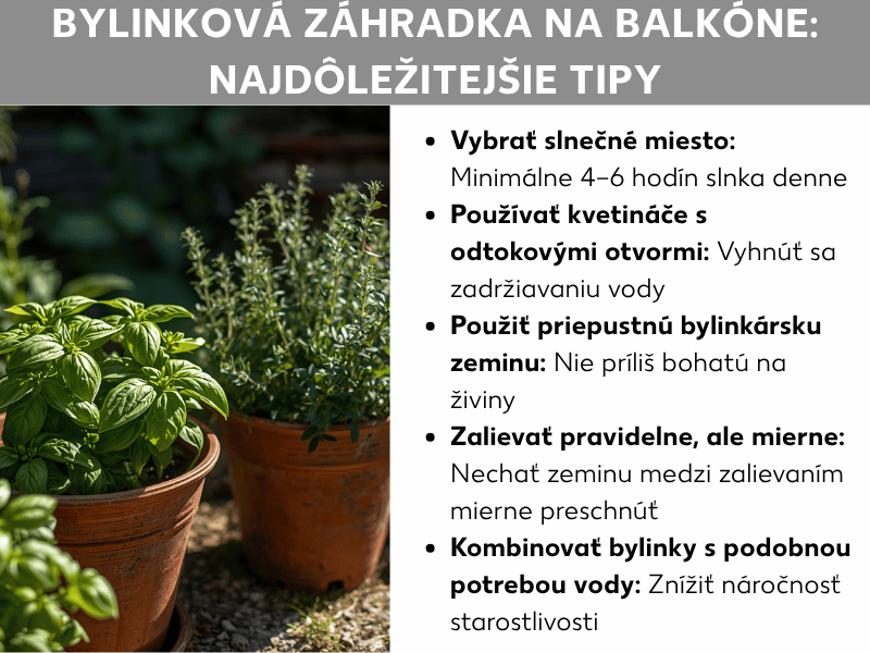 Infografika: Bylinková záhrada na balkóne – najdôležitejšie tipy. Vľavo fotografia dvoch bylinkových črepníkov z terakoty s bazalkou a tymiánom na zelenom pozadí. Vpravo zoznam piatich tipov: 1. Vyberte slnečné miesto: minimálne 4 – 6 hodín slnka denne. 2. Používajte črepníky s odtokovými otvormi: Vyhnite sa stojatej vode. 3. Použite priepustnú bylinkovú zeminu: nie príliš výživnú. 4. Zalievajte pravidelne, ale mierne: Nechajte zeminu medzi zalievaním mierne preschnúť. 5. Kombinujte bylinky s podobnou potrebou vody: Znížite nároky na starostlivosť.