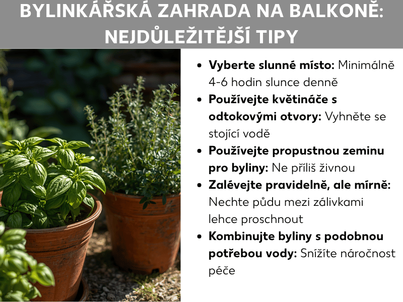 Infografika: Bylinková zahrádka na balkoně – nejdůležitější tipy. Vlevo fotografie dvou terakotových květináčů s bazalkou a tymiánem na zeleném pozadí. Vpravo seznam pěti tipů: 1. Vyberte slunné místo: alespoň 4–6 hodin slunce denně. 2. Používejte květináče s odtokovými otvory, abyste zabránili přemokření. 3. Zvolte propustný substrát, který by neměl být příliš výživný. 4. Zalévejte pravidelně, ale střídmě: zeminu nechte mezi zálivkami mírně proschnout. 5. Kombinujte bylinky s podobnými nároky na vodu, usnadníte si tak péči.