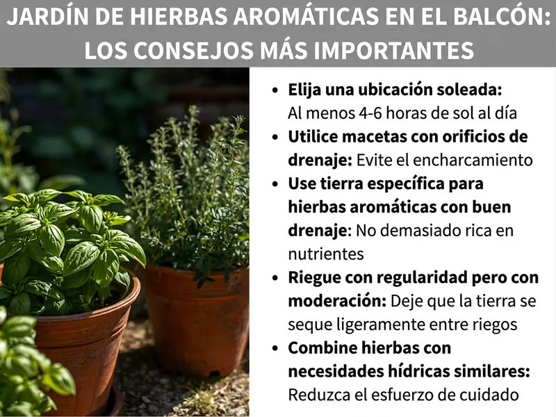 Infografía: huerto de aromáticas en el balcón: los consejos más importantes. A la izquierda, una foto con dos macetas de terracota con albahaca y tomillo sobre un fondo verde. A la derecha, una lista con cinco consejos: 1. Elegir una ubicación soleada: mínimo de 4 a 6 horas de sol al día. 2. Usar macetas con agujeros de drenaje: evitar el encharcamiento. 3. Utilizar sustrato permeable para aromáticas: no demasiado rico en nutrientes. 4. Regar de forma regular, pero moderada: dejar que la tierra se seque ligeramente entre riegos. 5. Combinar aromáticas con necesidades de riego similares: reducir el esfuerzo de mantenimiento.
