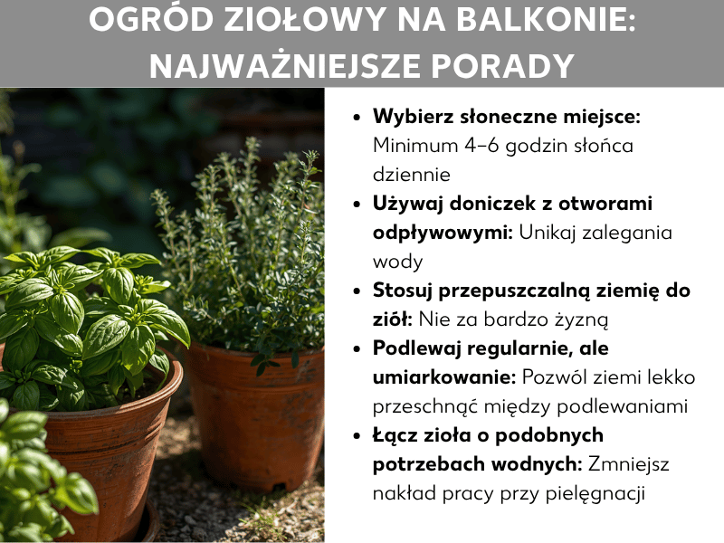 Infografika: Ogródek ziołowy na balkonie – najważniejsze porady. Po lewej zdjęcie dwóch terakotowych doniczek z bazylią i tymiankiem na zielonym tle. Po prawej lista pięciu porad: 1. Wybierz słoneczne stanowisko: minimum 4–6 godzin słońca dziennie. 2. Używaj doniczek z otworami drenażowymi: unikaj zastoju wody. 3. Stosuj przepuszczalną ziemię do ziół: niezbyt bogatą w składniki odżywcze. 4. Podlewaj regularnie, ale umiarkowanie: między podlewaniami pozwól ziemi lekko przeschnąć. 5. Łącz zioła o podobnym zapotrzebowaniu na wodę: ułatwisz sobie pielęgnację.