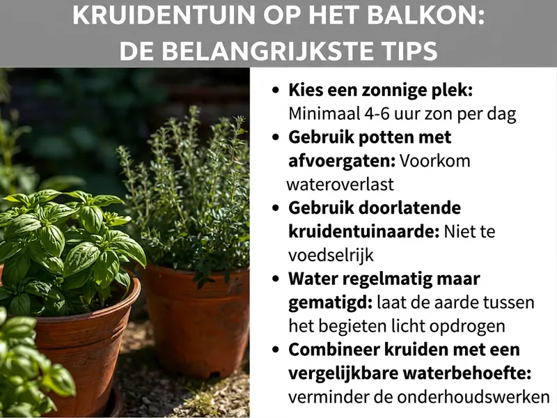 Infographic: Kruidentuin op het balkon: de belangrijkste tips. Links een foto met twee kruidenpotten van terracotta, gevuld met basilicum en tijm, voor een groene achtergrond. Rechts een lijst met vijf tips: 1. Kies een zonnige standplaats: minimaal 4-6 uur zon per dag. 2. Gebruik potten met afvoergaten: voorkom wateroverlast. 3. Gebruik doorlatende kruidentuinaarde: niet te voedselrijk. 4. Giet regelmatig maar met mate: laat de aarde tussen de gietbeurten licht opdrogen. 5. Combineer kruiden met vergelijkbare waterbehoefte: minder onderhoud.