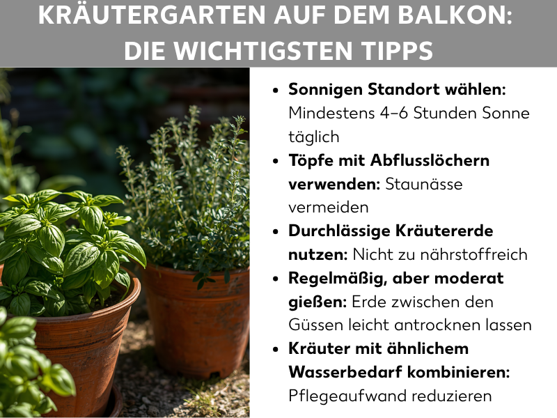 Infografik: Kräutergarten auf dem Balkon: Die wichtigsten Tipps. Links ein Foto mit zwei Kräutertöpfen aus Terrakotta, gefüllt mit Basilikum und Thymian, vor einem grünen Hintergrund. Rechts eine Liste mit fünf Tipps: 1. Sonnigen Standort wählen: Mindestens 4–6 Stunden Sonne täglich. 2. Töpfe mit Abflusslöchern verwenden: Staunässe vermeiden. 3. Durchlässige Kräutererde nutzen: Nicht zu nährstoffreich. 4. Regelmäßig, aber moderat gießen: Erde zwischen den Güssen leicht antrocknen lassen. 5. Kräuter mit ähnlichem Wasserbedarf kombinieren: Pflegeaufwand reduzieren.