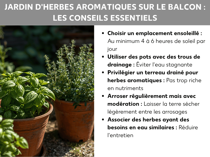 Infographie : Jardin aromatique sur le balcon – les conseils essentiels. À gauche, une photo de deux pots en terre cuite garnis de basilic et de thym, sur fond vert. À droite, une liste de cinq conseils : 1. Choisir un emplacement ensoleillé : au moins 4 à 6 heures de soleil par jour. 2. Utiliser des pots avec des trous de drainage : éviter l'eau stagnante. 3. Opter pour un terreau drainant : pas trop riche en nutriments. 4. Arroser régulièrement, mais modérément : laisser la terre sécher légèrement entre deux arrosages. 5. Associer des herbes aux besoins en eau similaires : réduire l'entretien.