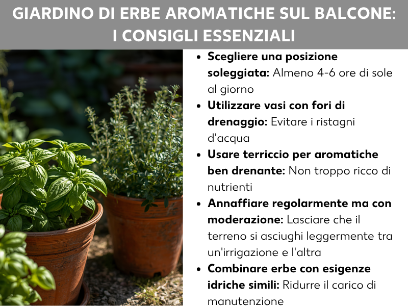 Infografica: erbe aromatiche sul balcone – i consigli più importanti. A sinistra una foto con due vasi in terracotta con basilico e timo, su sfondo verde. A destra un elenco con cinque consigli: 1. Scegliere una posizione soleggiata: almeno 4–6 ore di sole al giorno. 2. Usare vasi con fori di drenaggio: evitare i ristagni d'acqua. 3. Utilizzare terriccio drenante per erbe aromatiche: non troppo ricco di nutrienti. 4. Innaffiare con regolarità, ma con moderazione: lasciare asciugare leggermente il terriccio tra un'innaffiatura e l'altra. 5. Abbinare erbe con esigenze idriche simili: meno manutenzione.