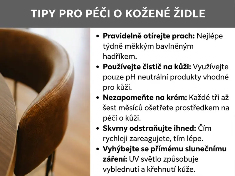 Tipy na péči o kožené židle – infografika s detailní fotografií hnědé kožené židle na levé straně a pěti tipy na péči na pravé straně: pravidelné otírání prachu měkkým bavlněným hadříkem, používání pH neutrálních přípravků na kůži, promazávání krémem na kůži každé tři až šest měsíců, okamžité odstraňování skvrn a vyhýbání se přímému slunečnímu záření kvůli ochraně před vyblednutím a praskáním.